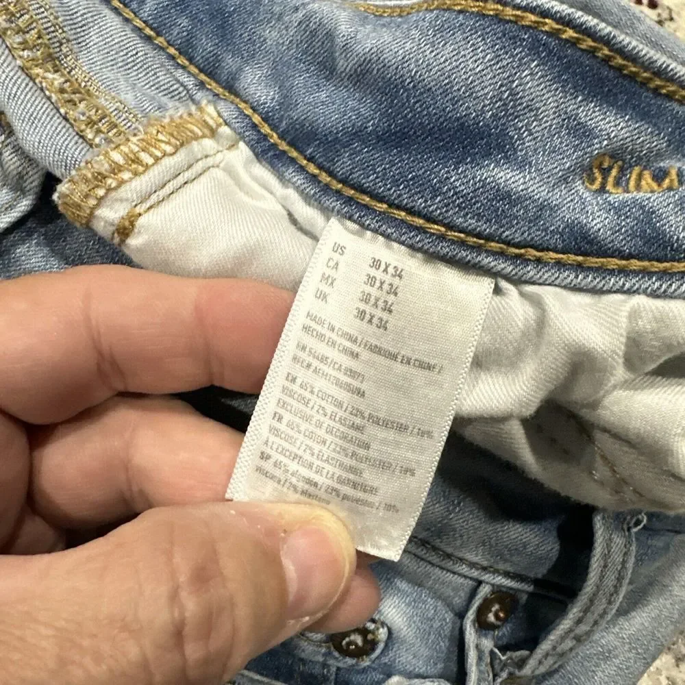 American Eagle Men's Size 30x34 Blue Jeans Slim Straight Extreme Flex Distressed